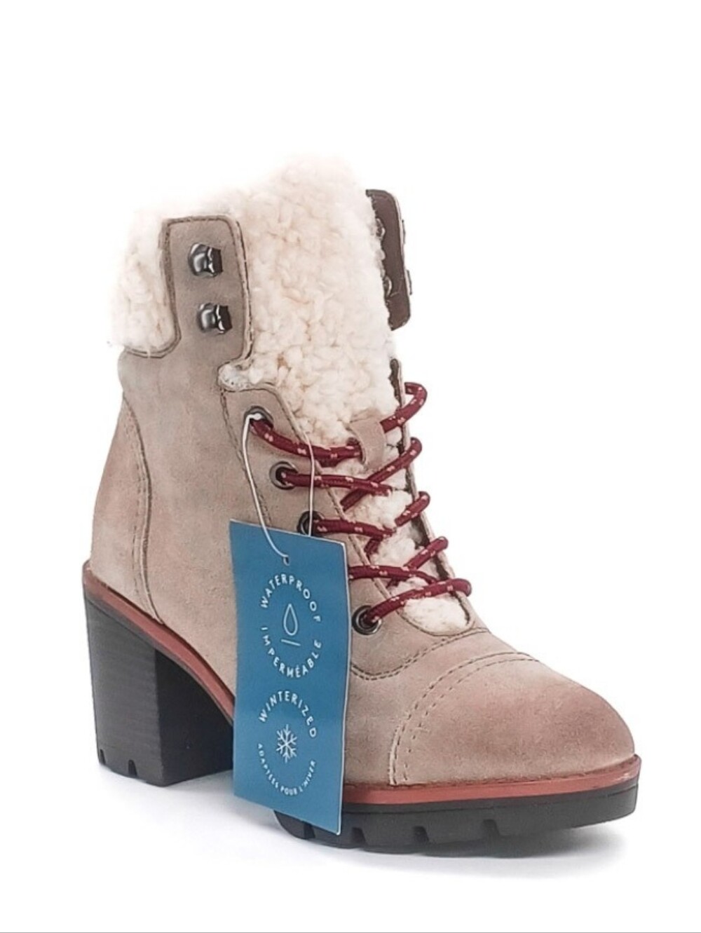 New Varuna II Taupe Suede Women's Faux-Shearling Lace-Up Hiker Boots w/ Heel